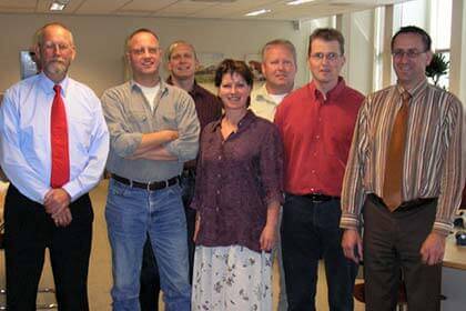 The Wagenborg IT development team: Left to right: Harry Meyer, Aart Wezeman, Jan Egbert Muurman, Ida Eckhardt, Theo Mulder, Jan Koster and Kees Bonthond