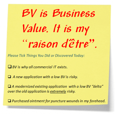 BV is Business Value. It is my "raison detre"
